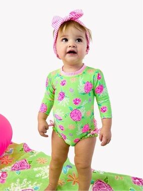 RuffleButts Neon Turtle Tide Long Sleeve Rash-guard Swimsuit 2T